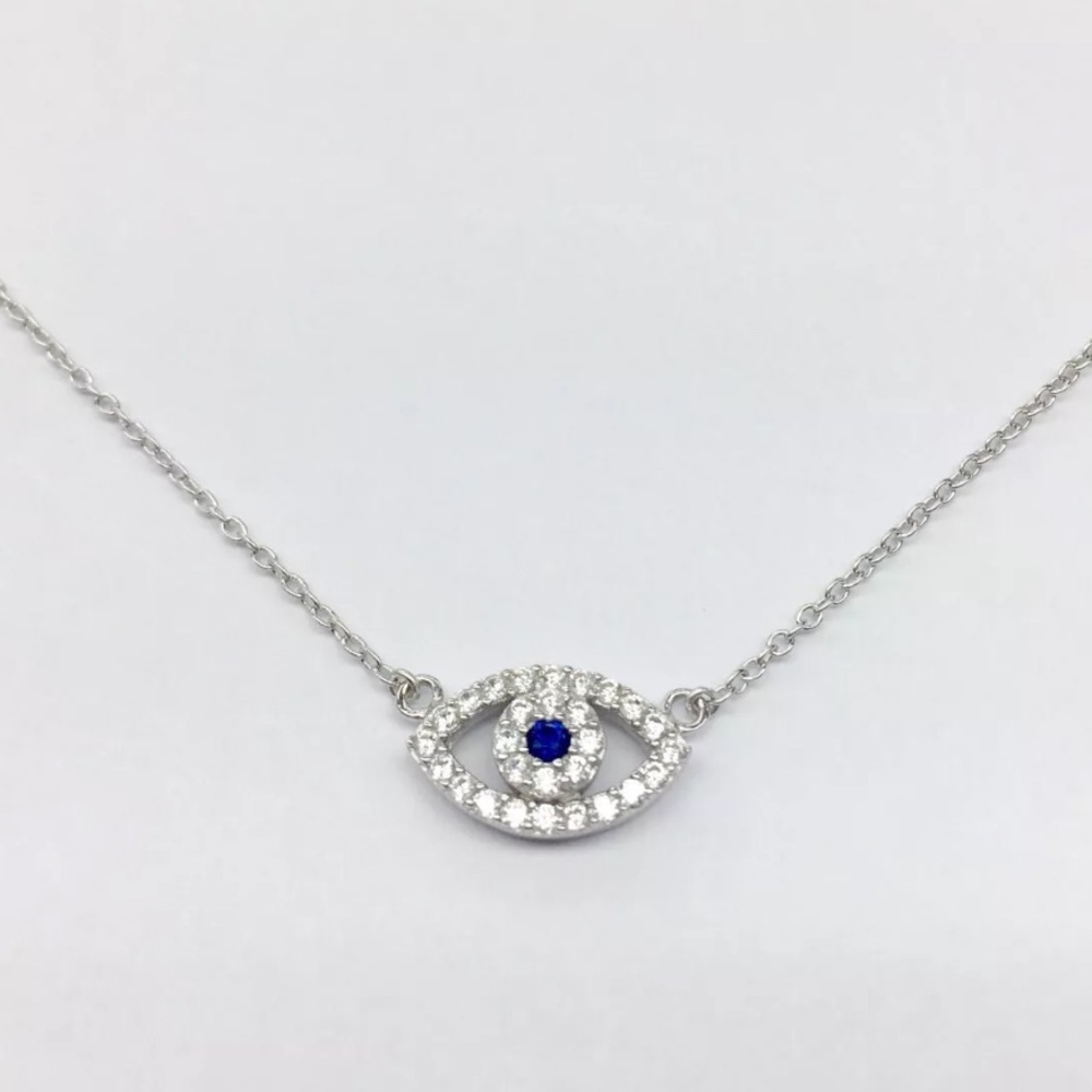 925 Sterling Silver Evil Eye Hamsa Cubic Zirconia CZ Pendant Necklace 16-18” New